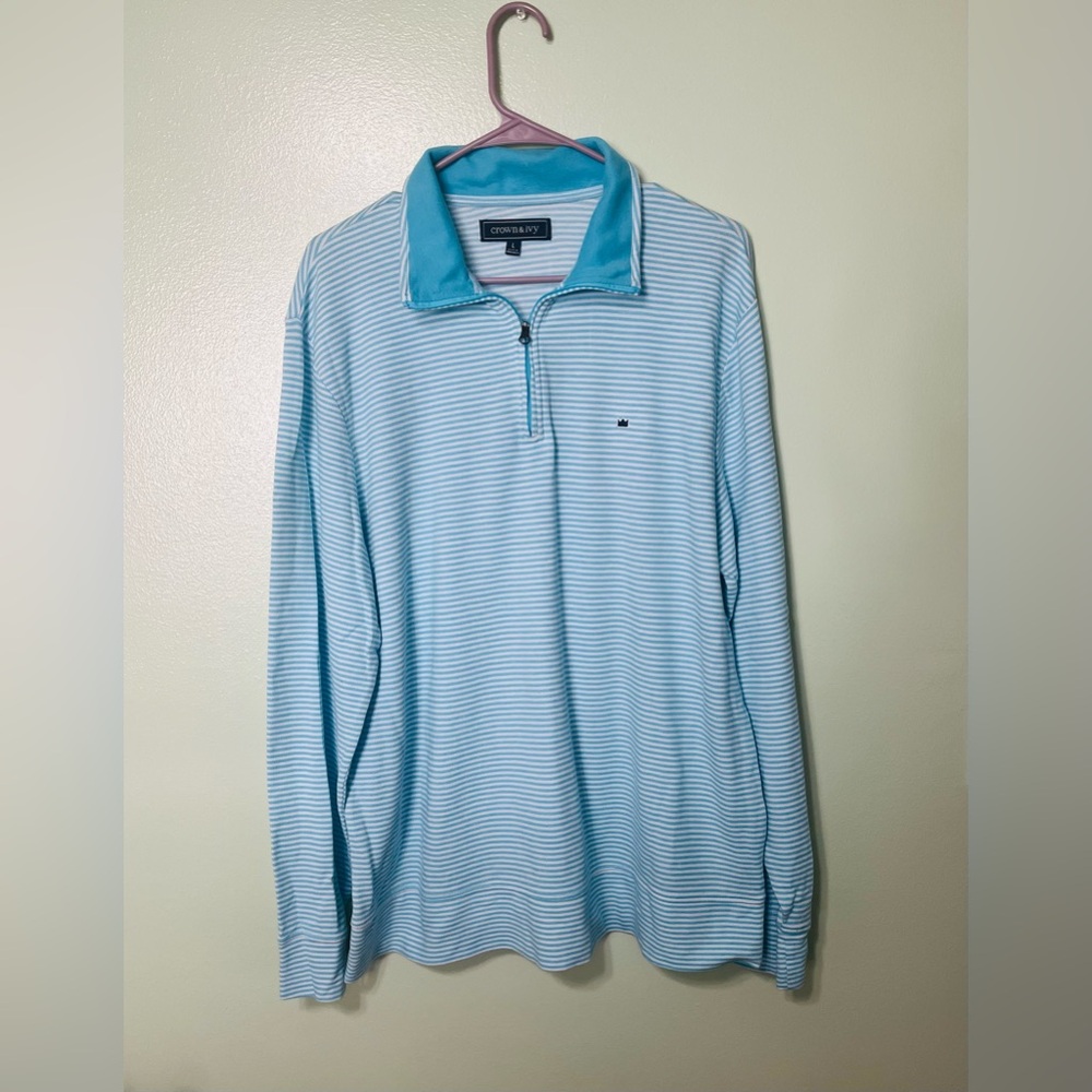 Crown & Ivy Aqua Striped Quarter-Zip Pullover size L cotton blend
